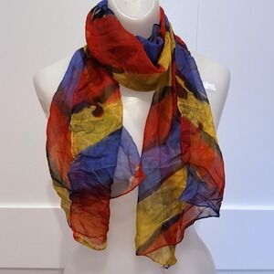 Vintage ECHO Vibrant Red Yellow Blue Artistic 100% Silk Oblong Scarf 52" Japan